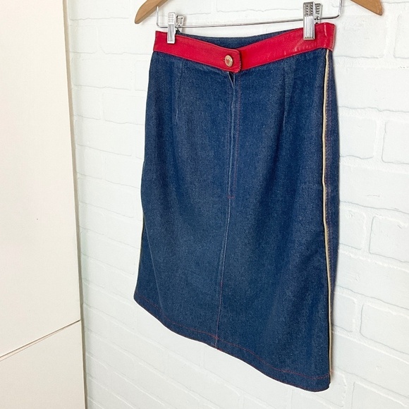 Vintage 70s Margaret Godfrey Denim skirt Gold side trim Blockettecore Sz 8 - Picture 1 of 11